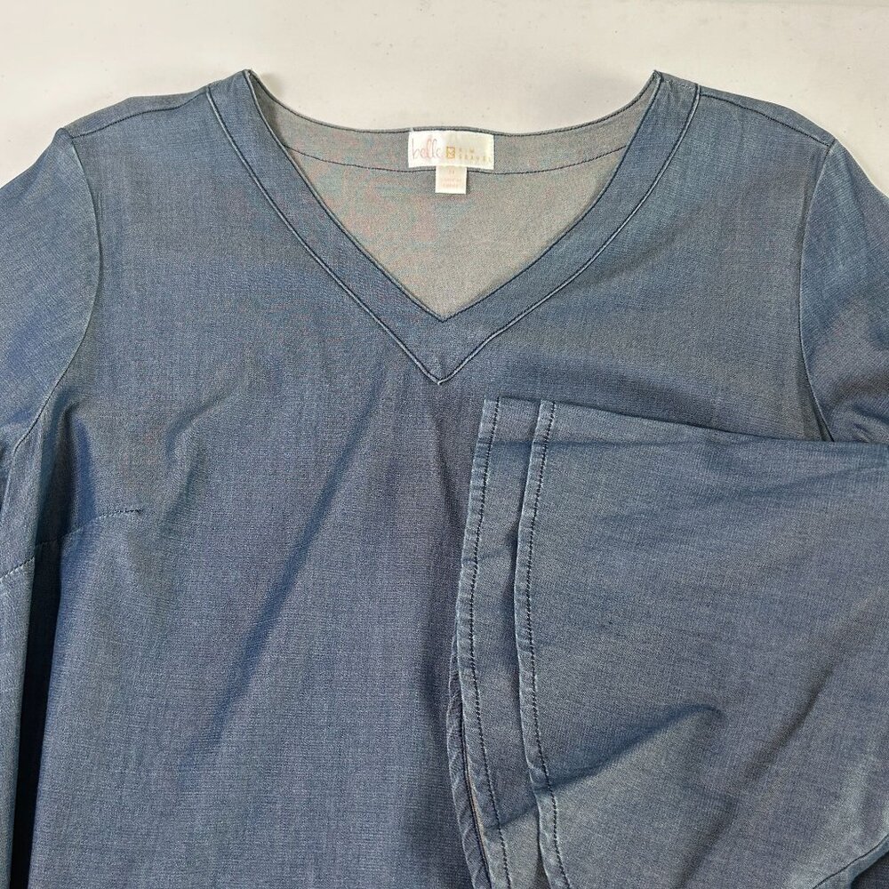 Belle by Kim Gravel Bell Sleeve Top Size M Blue Lyocell V Neck Stretch Boho - Picture 5 of 11